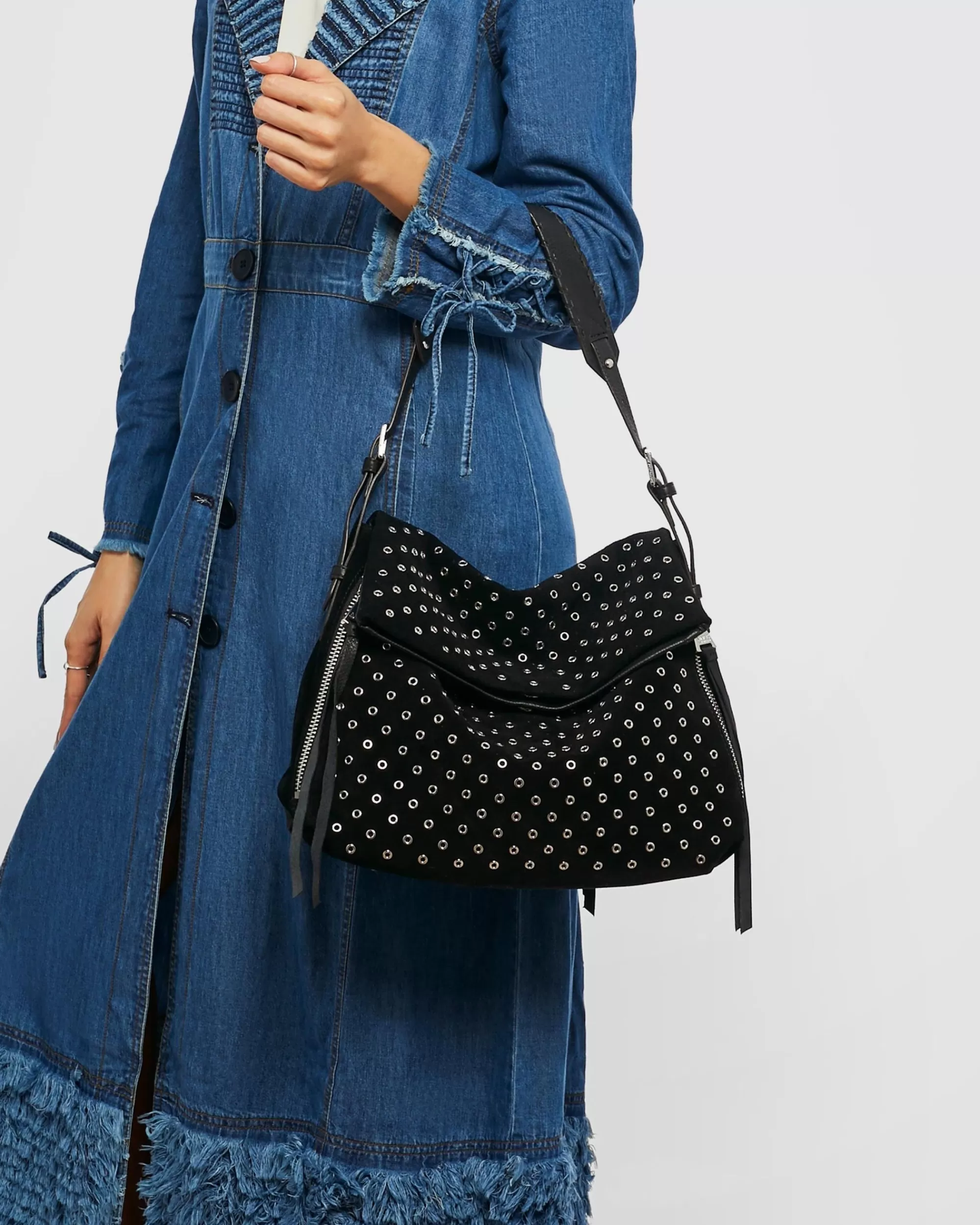 Aimee Kestenberg Shoulder Bags-Bali Novelty Double Entry Hobo In Luxury Suede Black With Eyelets