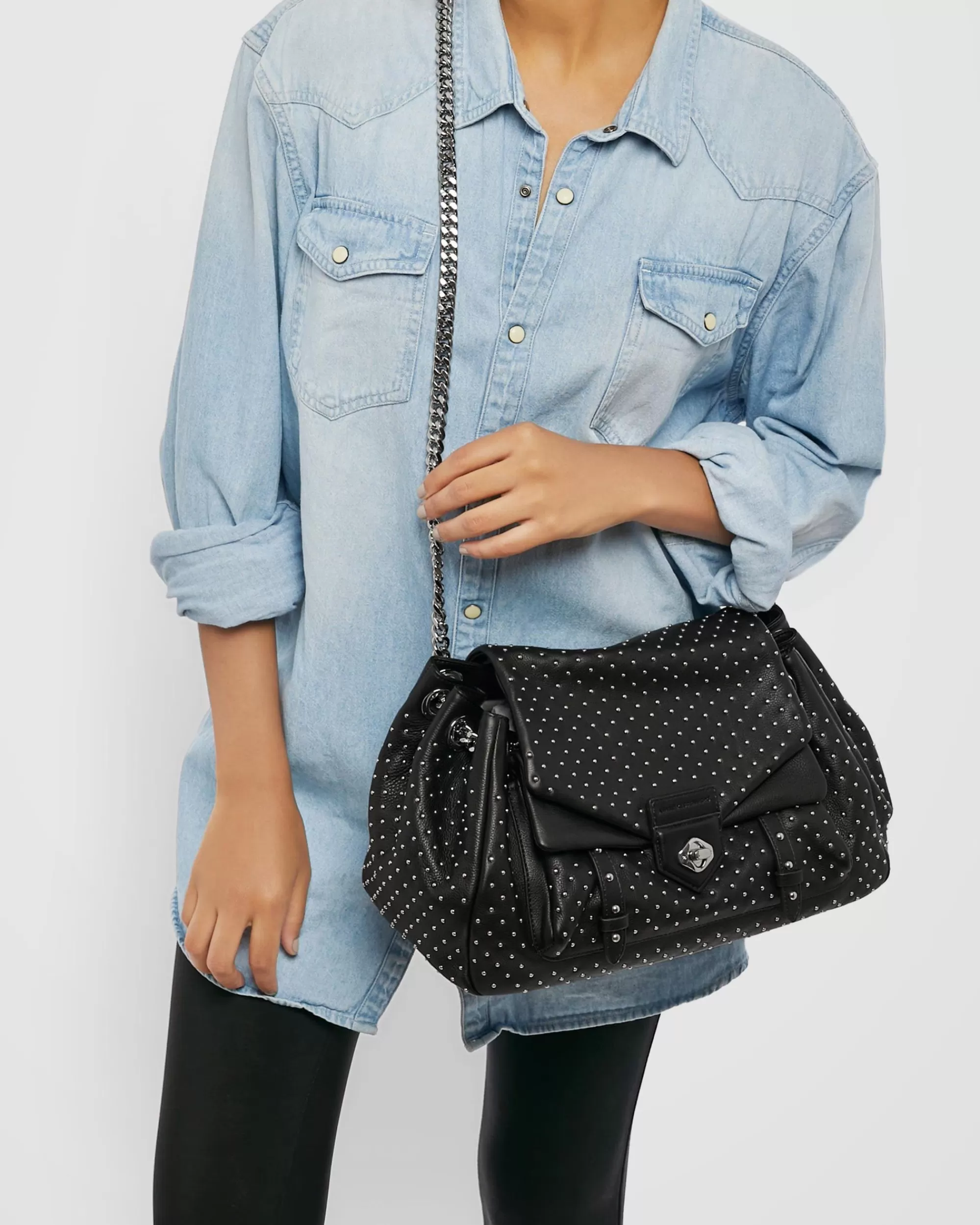 Aimee Kestenberg Satchels-Chain Reaction Novelty Large Satchel Black With Shiny Silver Studs