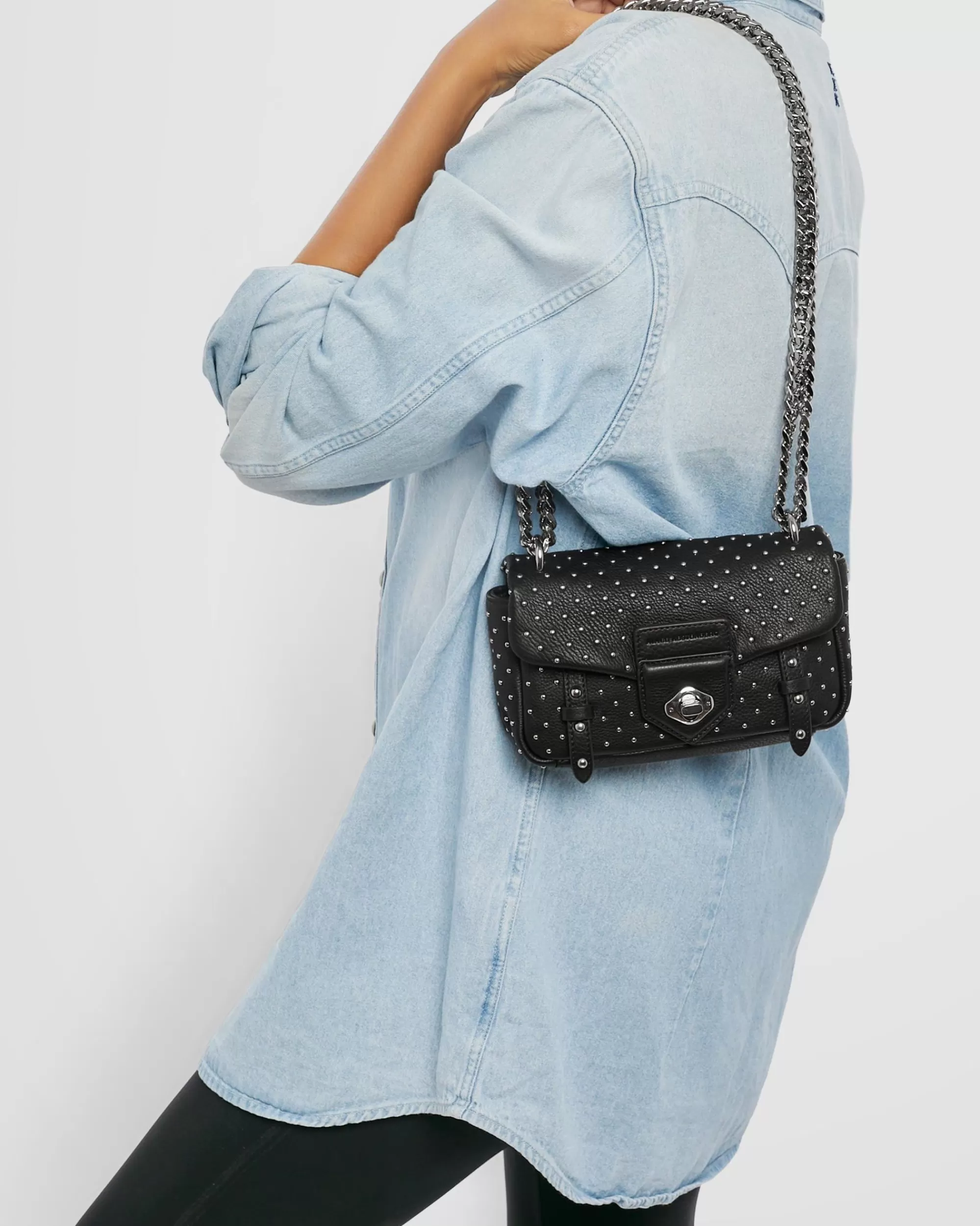 Aimee Kestenberg Shoulder Bags-Chain Reaction Novelty Mini Shoulder Bag Black With Shiny Silver Studs