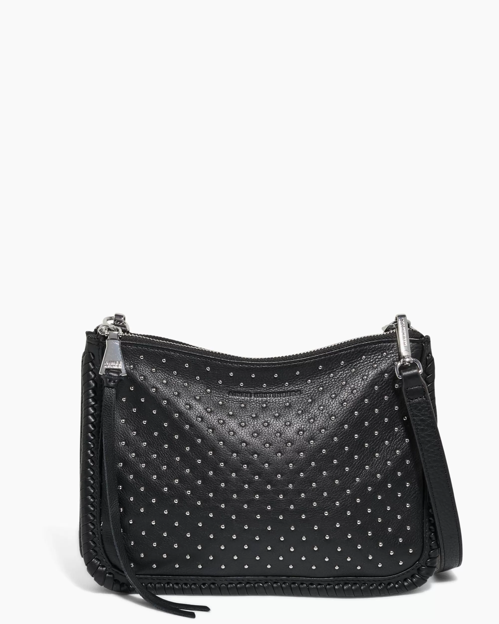 Aimee Kestenberg Crossbody Bags-Famous Double Top Zip Crossbody Black With Shiny Silver Studs