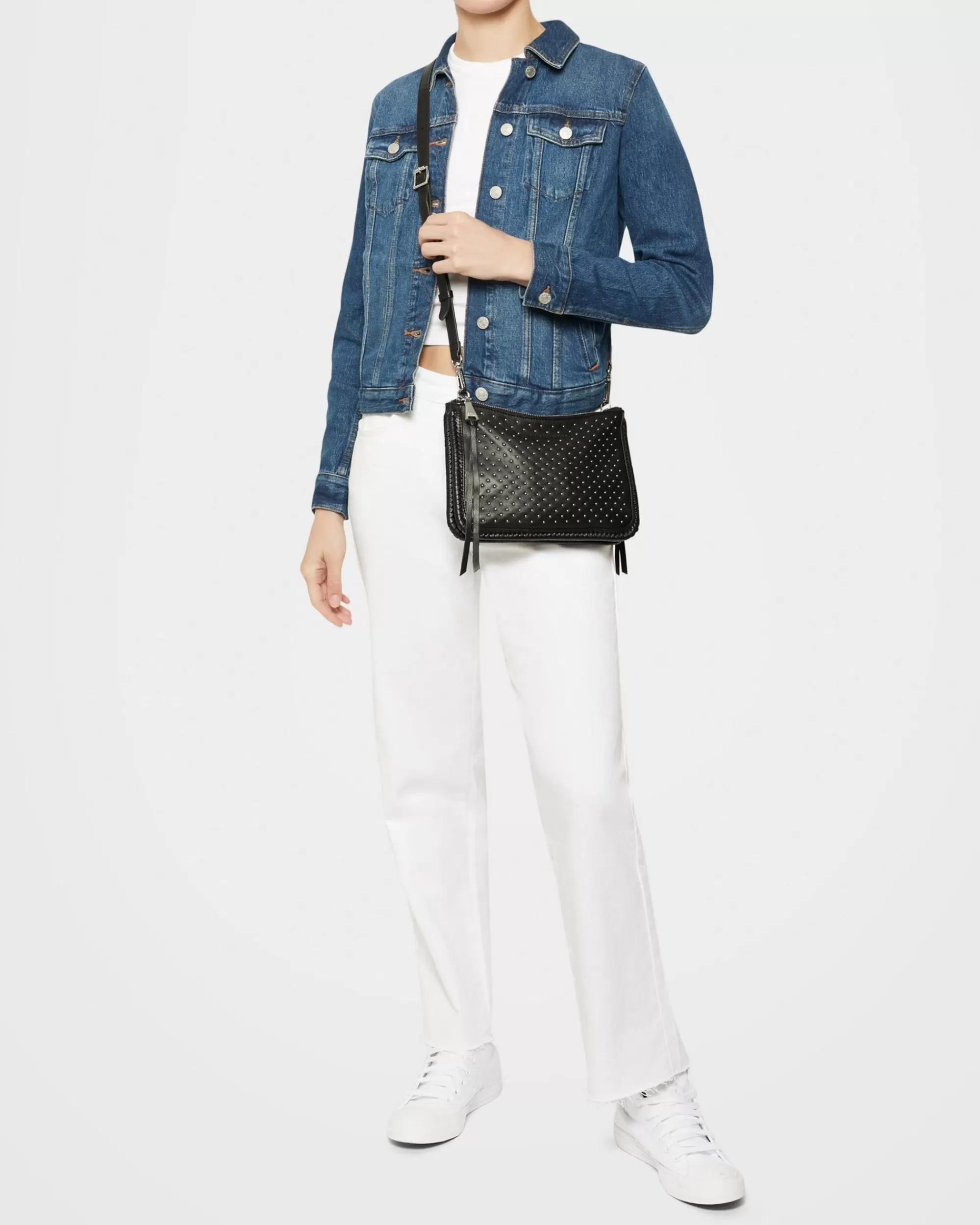 Aimee Kestenberg Crossbody Bags-Famous Double Top Zip Crossbody Black With Shiny Silver Studs