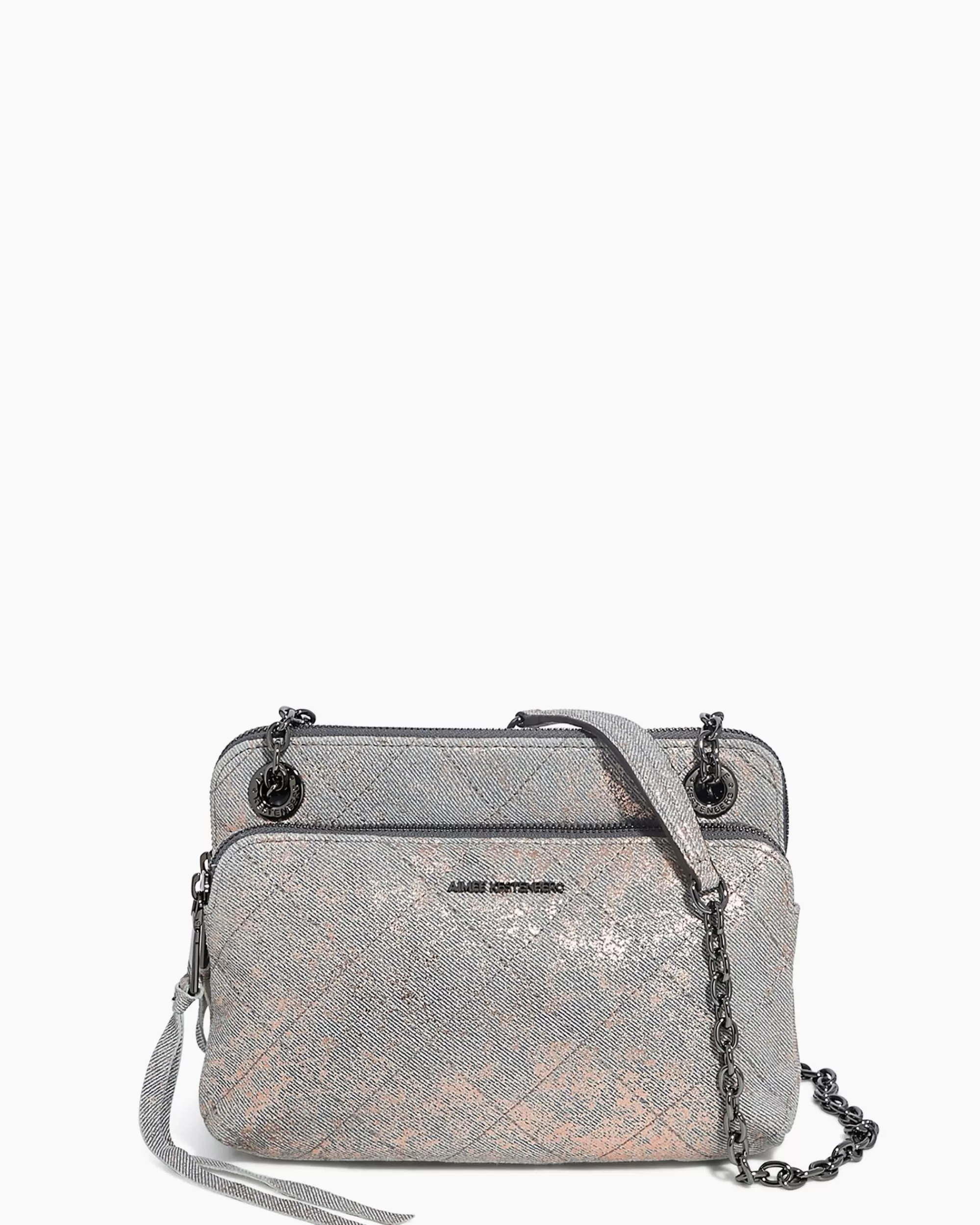 Aimee Kestenberg Crossbody Bags-Maven Quilted Double Crossbody Rose Gold Distressed Denim